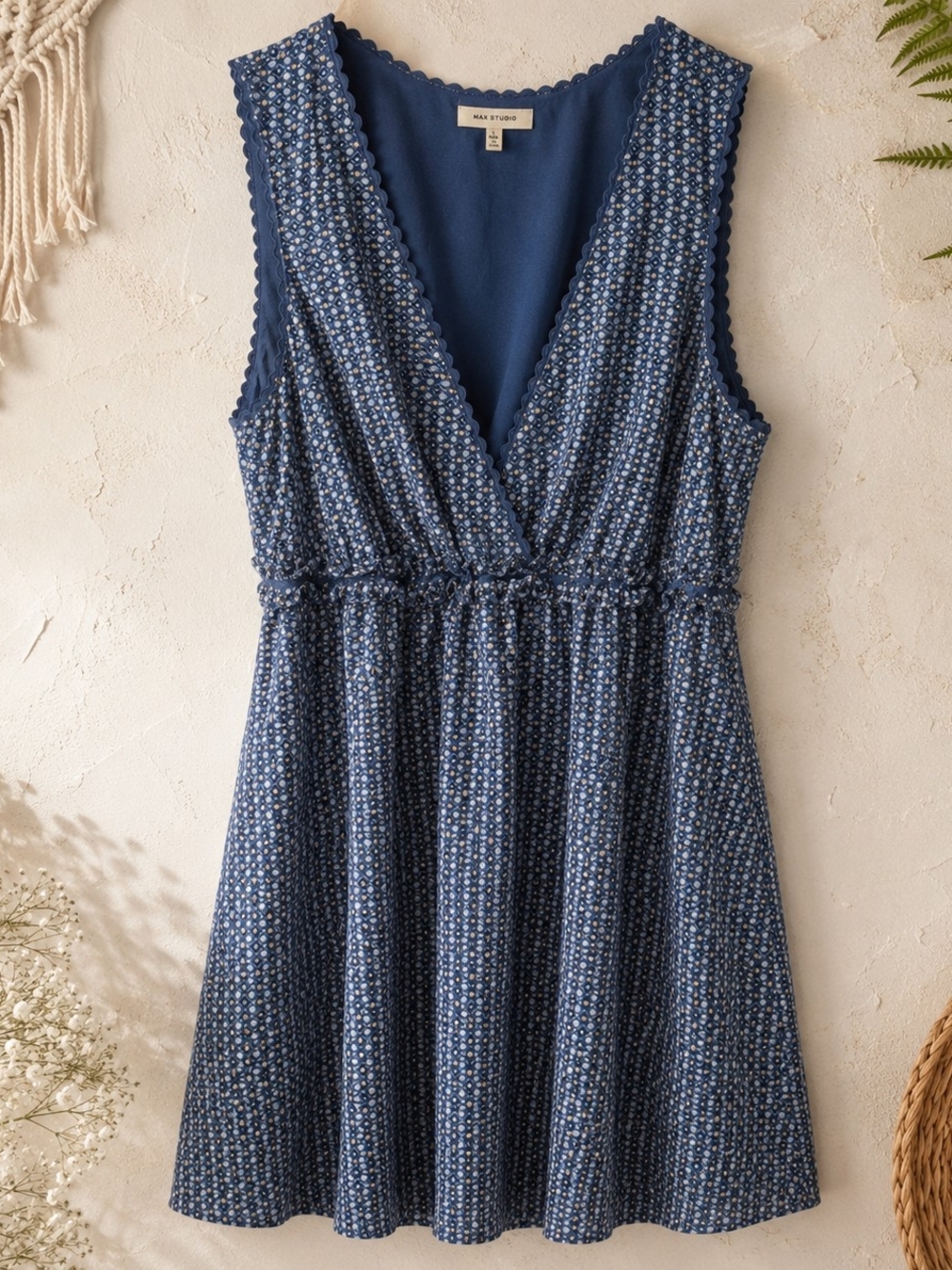 Max Studio Blue Geometric Faux Wrap Sleeveless Dress L Boho Lined Empire Waist